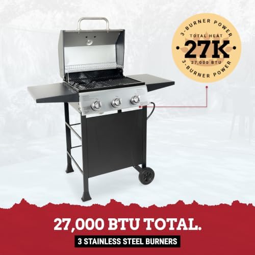 Grill Boss 3 Burner Propane Gas Grill, Portable BBQ, Lid, Wheels & Shelves - Image 4