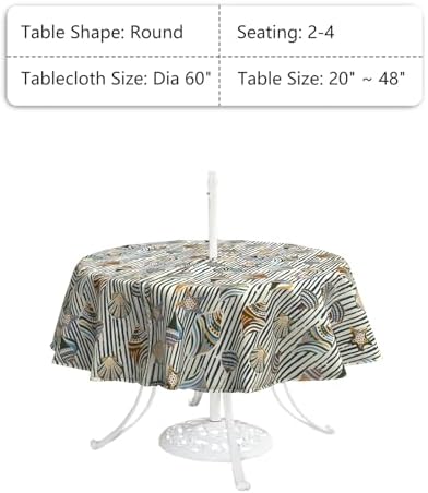 LVTXIII Round Outdoor Tablecloth with Umbrella Hole and Zipper, Water-Repellent 60 Inch Patio Table Cover for Bistro, Garden, Patio & Picnic, Cabana Shells - Image 3