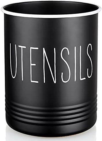 Bivvclaz Kitchen Utensil Holder, 6.7" Utensil Holder for Kitchen Counter, Cooking Utensil Crock with Cork Bottom, Modern Farmhouse Decor, Countertop Utensil Storage Organizer Caddy, Black by Bivvclaz