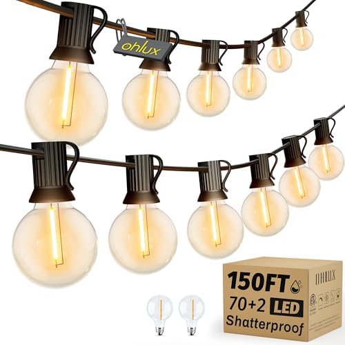 OHLUX Outdoor String Lights, 150FT Patio Lights with 70+2 Dimmable Plastic LED G40 Bulbs, 2200K Waterproof Connectable Hanging String for Backyard Cafe Porch Deck E12 Base by OHLUX-YourIndoorOutdoorSpaceLightingPartner