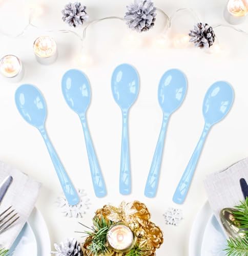 SietDESEO 25 PCS Light Blue Plastic Spoons Disposable Utensils Heavy Duty Baby Blue Spoons Disposable Cutlery for Birthday Wedding Baby Shower Bridal Shower Plastic Silverware - Image 2