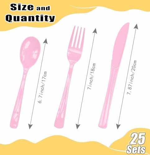 HEIPINIUYE 75 Pack Light Pink Plastic Cutlery Heavy Duty Baby Pink Plastic Knives Forks and Spoons Disposable Silverware Set for 25 Guest Camping Birthday Baby Shower Party Cutlery Set - Image 3