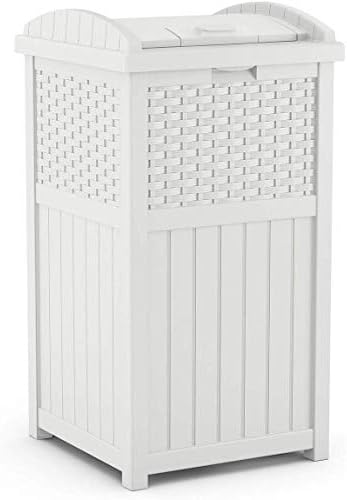 Suncast Hideaway Outdoor Trash Can with Lid - 30 Gallon Trash Can, White, Decorative Wicker-Style Garbage Bin, Weather-Resistant Resin, Fits 30-33 Gallon Bags, Ideal for Patio & Yard, Made in USA by Unknown