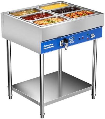 TOPKITCH ETL Listed 6-Pan Commercial Food Warmer, Electric Steam Table, 120V 1700W Stainless Steel Buffet Catering Food Warmer with Undershelf and Workspace, for Restaurant. by TOPKITCH