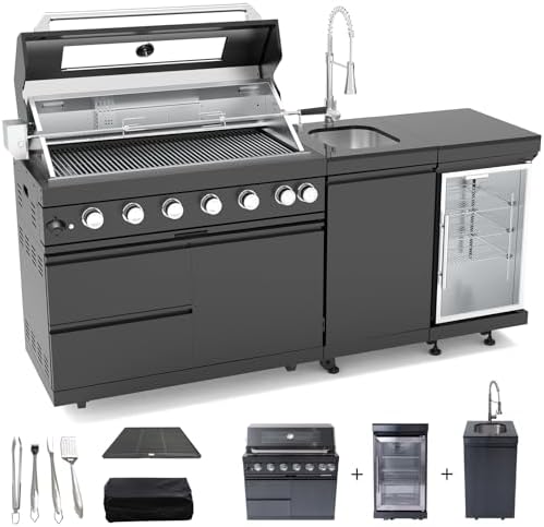 Outdoor Kitchen Island, 82 Inch 85000 BTU Gas Grill Combination With Refrigerator and Sink, Outdoor Stainless Steel Barbecue Bar, Natural Gas Barbecue Grill for Patios, Gardens, Parties by Qeeka
