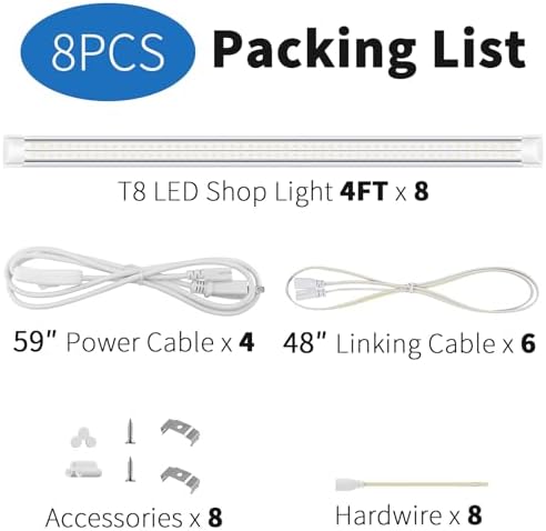 8-Pack T8 LED Shop Light 4FT, 42W 6300 Lumen 6000K Cool White, 4 Years Warranty, Linkable and Plug and Play Lights for Garage Ceiling Workshop Commercial Lighting - Image 6
