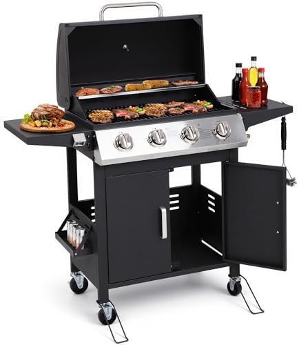 HUGROVE 4-Burner Propane Gas BBQ Grill, Upgraded 40,000 BTU Stainless Steel Barbecue Grill with Foldable Side Tables, Spice Rack & Wheels for Outdoor Cooking by HUGROVE