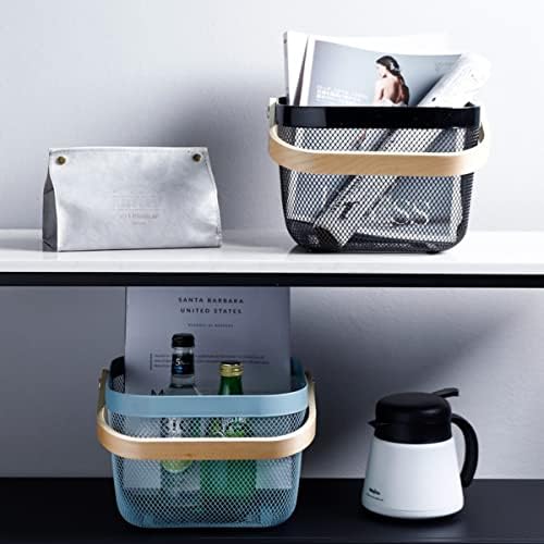 Mesh Steel Storage Organizer Basket Fruit Basket Bin with Wood Handle Ideal for Kitchen Bathroom Picnic Baskets Pantry Cabinets Storage Home Decor (Black) - Image 4