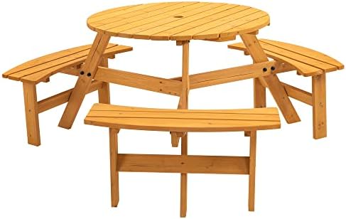 35.43'' Round Outdoor Dining Table Wooden Patio Dining Table & 3 Curved Built-in Bench for 6, 2" Umbrella Hole, Suitable for Backyard Garden Porch, Natural by JJKFurniture-kevinplus