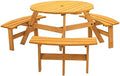 35.43'' Round Outdoor Dining Table Wooden Patio Dining Table & 3 Curved Built-in Bench for 6, 2" Umbrella Hole, Suitable for Backyard Garden Porch, Natural by JJKFurniture-kevinplus