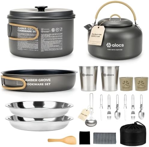 ALOCS 20pcs Camping Cookware Mess Kit, Camping Pots and Pans Set by Alocs