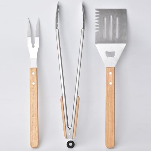 3 Piece Barbecue Tool Sets,Heavy Duty Stainless Steel and Wooden Handles BBQ Tool Sets,Grill Accessories,Grilling Spatula,Fork,Tongs for Outdoor Grill Cooking (Large BBQ Tools Set-3P) - Image 2