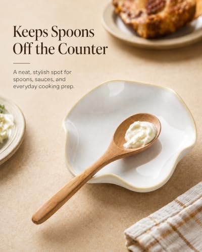 Miamolo Spoon Rest for Stove Top, Spoon Holder for Stove, 5.3In Ceramic Spoon Rest for Kitchen Counter, Coffee Spoon Holder with Ruffled Edge, Farmhouse Spatula Holder for Kitchen Decor, Beige - Image 5