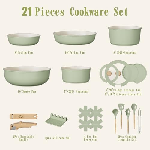 Umite Chef Non Stick Pots and Pans Set, 21 Pcs Ceramic Kitchen Cookware Set with Detachable Handle, Nonstick Healthy Induction Cookware, Dishwasher RV Cookware Set, Oven Safe, Stackable, Sage Green - Image 2