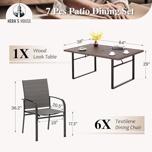 HERA'S HOUSE 7pc Outdoor Patio Dining Set, Wood-Look Metal Table, Brown - Image 6