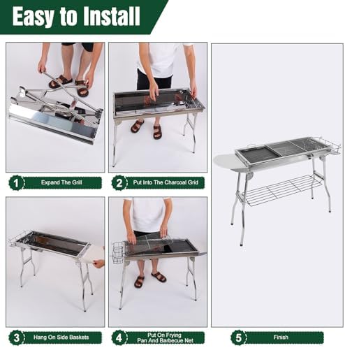 Portable Charcoal Grill, Folding Barbecue Grill with Storage Shelf, - Image 4