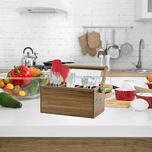 VaeFae Acacia Silverware Caddy with Handle, Wooden Utensil Holder, Mulip-pose Organizer for Kitchen, Office, Bathroom, Bedroom (Pack of 2) - Image 5