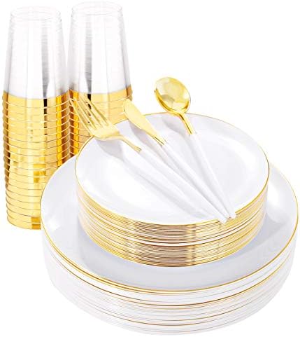 LIYH 180 Pcs White and Gold Plastic Plates Disposable - Dinnerware Set, Gold Plastic Silverware, Disposable Heavyduty Plates for Parties, Birthdays, Wedding 30Guests by LIYHLoveinyourheart
