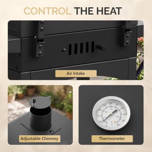 ROVSUN Charcoal Grill with 2 Side Tables, Thermometer and Chimney, Movable Smoker Grill for BBQ, Outdoor Cooking, Camping, Patio Parties - Image 7