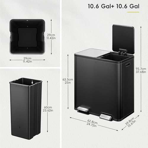 EKO EcoCasa Plus 2 x 10.6 Gal (2 x 40 L) Dual Trash Can for Kitchen, Large Stainless Steel Step-On Garbage Can, Trash and Recycle Bin Combo with Soft-Close Lids, Removable Buckets, Matte Black - Image 2