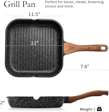 ESLITE LIFE Nonstick Grill Pan for Stove Tops, Versatile Griddle with Pour Spouts, 11 Inch Square Big Grilling Skillet Steak Pan for Indoor & Outdoor Cooking, PTFE & PFOA Free, Black - Image 2