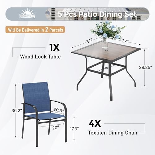 SUNSHINE VALLEY Patio Dining Set for 4, 37" Metal Table & Blue Chairs - Image 5
