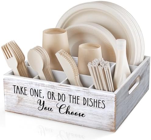 ALELION Rustic White Plate and Utensil Caddy, 6-Compartment Paper Plate and Cutlery Holder with Handles, Kitchen and Party Organizer for BBQs, Picnics, and Gatherings by ALELION