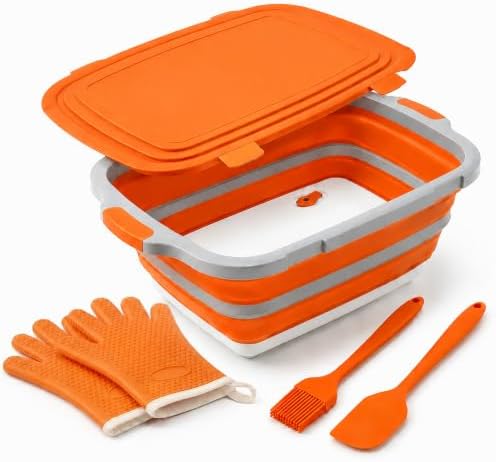 Collapsible BBQ Prep Tub with Lid & Integrated Cutting Board, 16L XL Meat Marinating Basin with Drain Plug, Foldable Grill Prep Station with Heat-Resistant Gloves, Brush & Spatula (X-Large, 16L) by Unknown