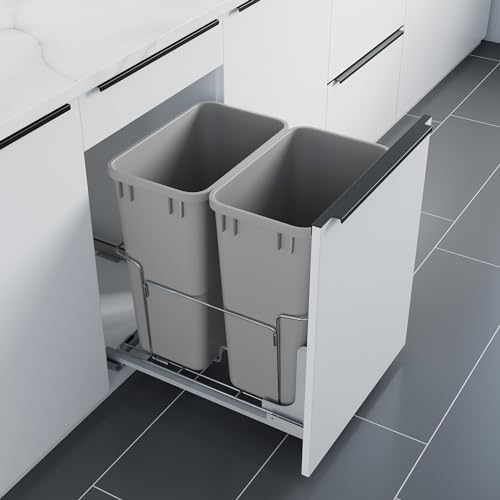 Dowell B18 Aluminum Base Wastebasket Pullout with Door Mount and Two 35Qt/9Gal Plastic Bins (4012 0218+35x2) by DowellKitchenBath
