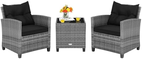 Tangkula 3 Pieces Patio Furniture Set, Outdoor PE Rattan Conversation Chair Set with Tempered Glass Side Table and Removable Cushions, PE Wicker Chairs and Table Set for Porch, Balcony and Garden by TANGKULA