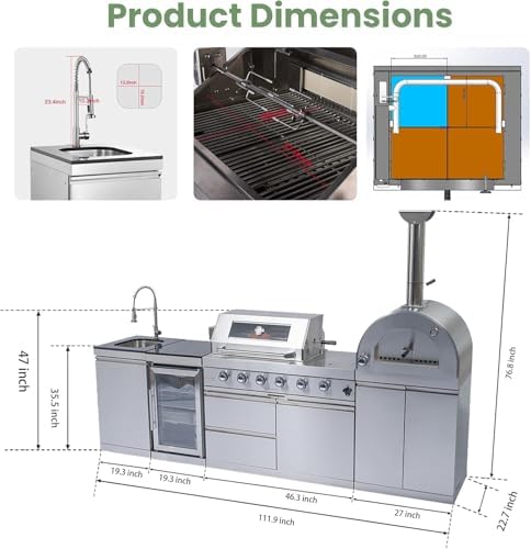 112" Outdoor Kitchen Island,Stainless Steel Propane BBQ Grill with Standalone Side Burner Pizza Oven, Rotisserie, Refrigerator, Granite Countertop, Storage Cabinets & Drawers 108000 BTU. - Image 2