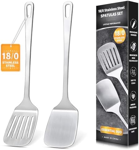 2 Pcs Stainless Steel Spatulas Set, Metal Spatula Solid & Slotted Turner, Heavy Duty Sturdy Spatula for Kitchen Use, High Heat Resistant Cooking Utensils for Fish Eggs Pancakes, Easy to Clean, Silver by Unknown