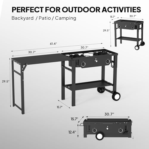 Bonnlo 2 Burner Propane Gas Stove with Work Station & Auto Ignition, 150,000 BTU Portable Camping Stove with Wheels & Regulator, Outdoor Propane Stove for Backyard Patio Cooking BBQ - Image 6