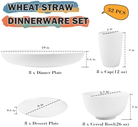 Wheat Straw Dinnerware Sets Service for 8, 32 Piece Plates and Bowls Sets, Microwave & Dishwasher Safe Dishes, Perfect for Kitchen Camping Picnic RV Dorm - White - Image 2
