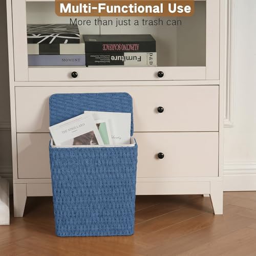 iEGrow Paper Rope Trash Can,Bathroom Trash Can with Lid, 3 Gallon Wicker Waste Basket with Removable Liner, for Bedroom, Living Room, Toilet, Under Sink Blue - Image 6