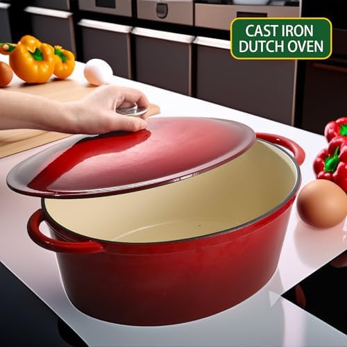 Vivicreate 9.6 QT enamel cast iron dutch oven, red gradient color,cast iron pot (9.6 QT) - Image 2