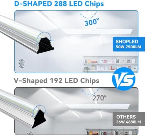 SHOPLED (6 Pack) 4FT LED Shop Light, 50W D-Shape 7500LM Super Bright, 6000K - Image 4