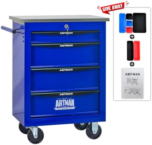 4-Drawer Heavy-Duty Rolling Tool Chest with Wheels & Steel Roof, Lockable Tool Chest Storage Cabinet for Garage, Workshop, Warehouse, and Repair Shop - Image 7