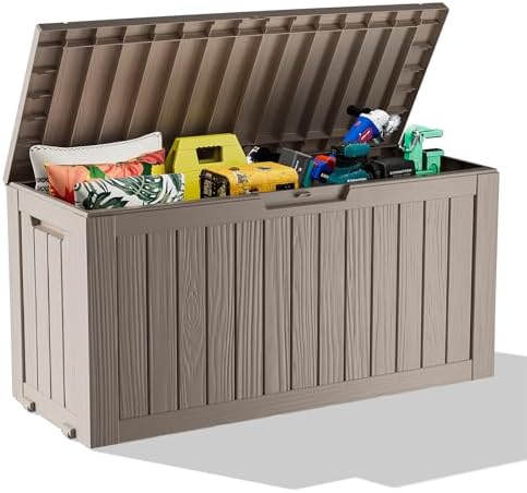 ROJIK Outdoor Storage Housing Deck Box - Waterproof Patio Furniture, Garden Tools, Cushions, Pool Accessories Storage Bench with Lockable Lid and Side Handles (Grey 78 Gal) - Image 3