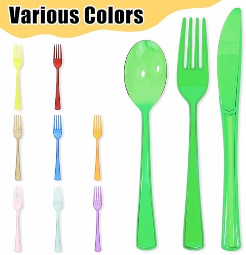 HEIPINIUYE 75 Pack Green Clear Plastic Cutlery Heavy Duty Clear Green Plastic Knives Forks and Spoons Disposable Silverware Set for 25 Guest Camping Birthday Baby Shower Party Utensil Set - Image 5