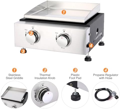 Small Portable Grill, 14 Inch Tabletop Gas Grill, 2 Burner Flat Top BBQ Propane Griddle with Legs, Cover - 20,000 BTUs Output for Outdoor Patio Backyard Camping, Tailgating, and RV Trips - Image 5