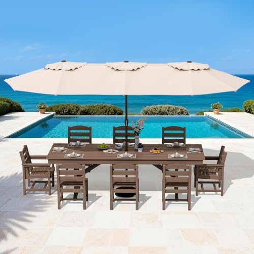 SERWALL 9Pcs HDPE Outdoor Dining Set w/6 Armless, 2 Armchairs for 8,Brown - Image 6
