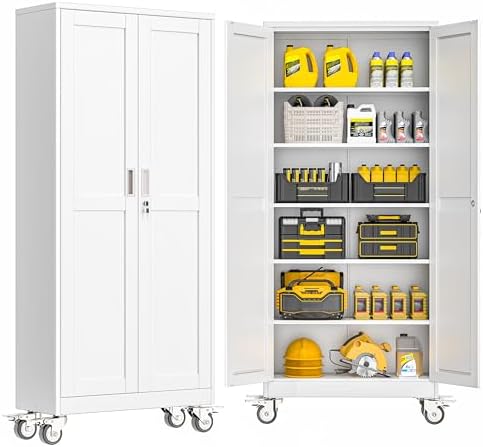 GAIOUS Metal Garage Storage Cabinet with Lock, Steel Tool Cabinet with 2 Doors and 5 Adjustable Shelves, 75” Tall Lockable File Cabinet with Wheels, Organization for Home Office Garage Gym - White by GAIOUS