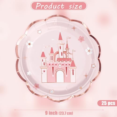 WRAPAHOLIC 25Pcs Castle Paper Plates - 9 Inch Pink Princess Castle Disposable Plates Decorative Dinner Plates for Party Tableware Supplies Table Decor - Image 2
