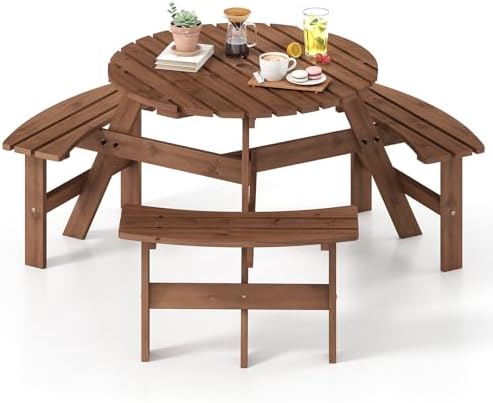 Tangkula 6-Person Wood Picnic Table, Outdoor Round Table and Bench Set with 3 Built-in Benches, Umbrella Hole, Perfect for Outside, Patio, Garden, Backyard, Porch (6-Person,Brown) by TANGKULA
