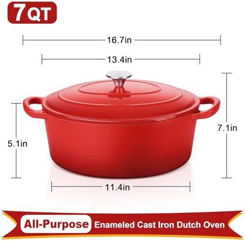 E-far 7QT Oval Dutch Oven Pot with Lid, Red Enameled Cast Iron Dutch Oven - Image 2