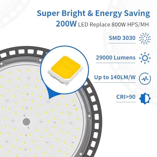 200W UFO High Bay LED Shop Lights, 6 Pack, 29000 LM, 5000K, AC110-277V - Image 3