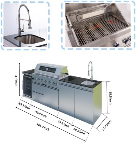 Outdoor Kitchen Island, 96 Inch 6 Burner Gas Grill Combination With Refrigerator and Sink, Outdoor Stainless Steel Barbecue Bar, Natural Gas Barbecue Grill 85000 BTU for Patios, Gardens, Parties - Image 2
