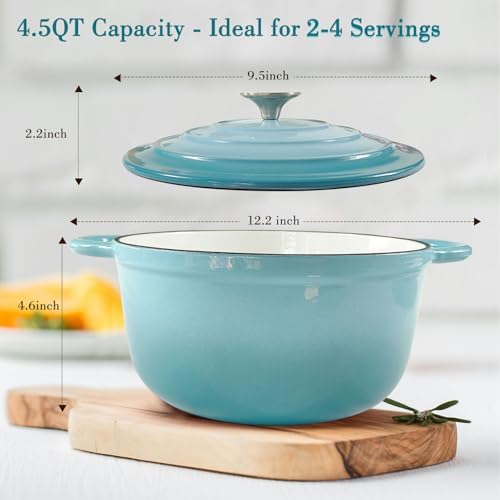 Cast Iron Dutch Oven 4.5 Quart Enameled Cast Iron Dutch Oven Pot with lid Heavy Duty Dutch Oven Dual Handles Porcelain Enameled Cast Iron Pot for Baking Braiser Cooking Family or Friends Gifts,Aqua - Image 2