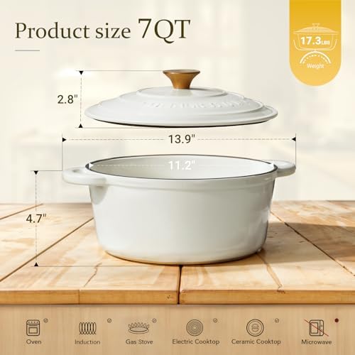Overmont Enameled Cast Iron Dutch Oven - 7QT Pot with Lid Cookbook & Cotton Potholders - Heavy-Duty Cookware for Braising, Stews, Roasting, Bread Baking PearlWhite - Image 4